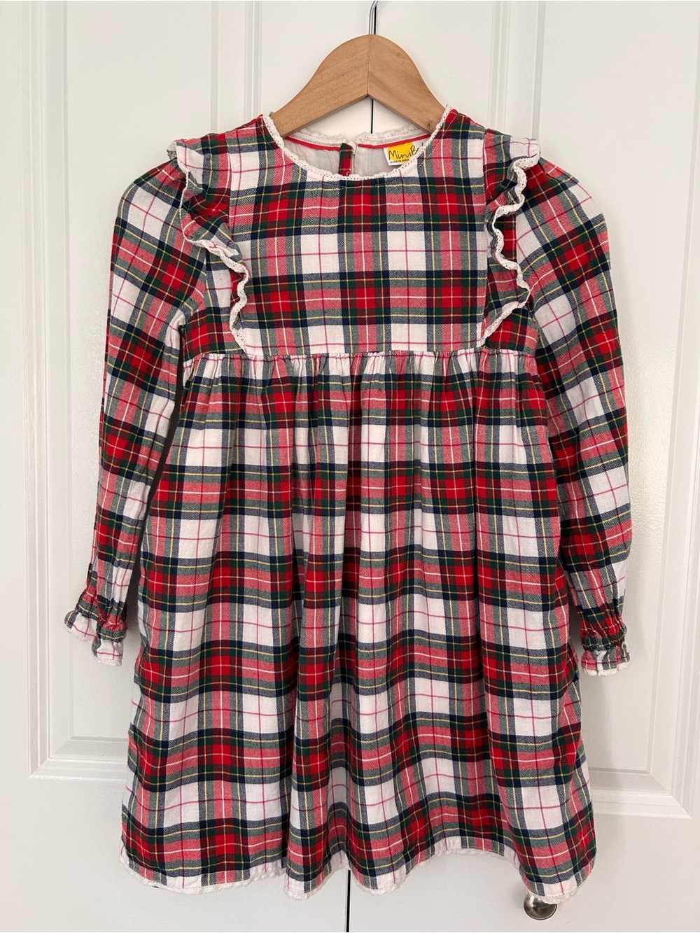 Mini Boden girls size 8-9 years plaid holiday ruffle dress flannel, classic
